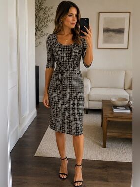 David Meister Geometric Ruched Knot Front Midi Dress Size 4